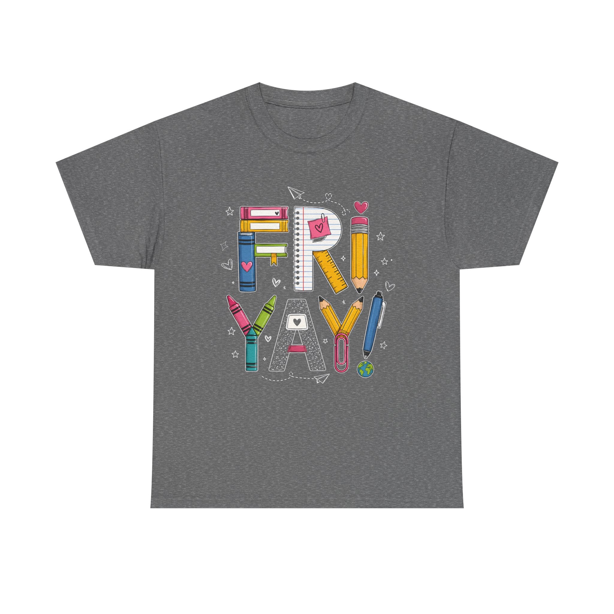 A dark heather gray, Tweed, short-sleeve t-shirt with a colorful graphic spelling 'FRI-YAY' using school supplies like pencils, crayons, and a ruler, shown on a plain white background.