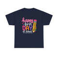 A navy blue short-sleeve t-shirt with a colorful graphic on the front that reads 'happy first DAY of school' next to a cartoon pencil, shown on a plain white background.