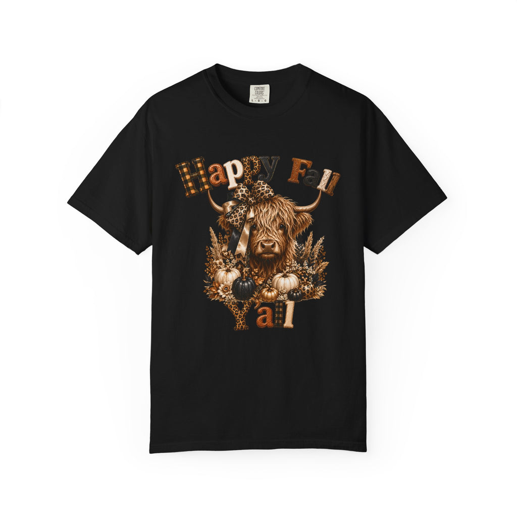 Happy Fall Y’all T-Shirt — Rustic Highland Cow Autumn Tee