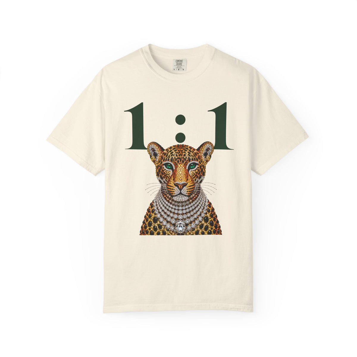 An off-white short-sleeve t-shirt featuring a graphic print of a leopard wearing a diamond necklace under the text '1:1'.
