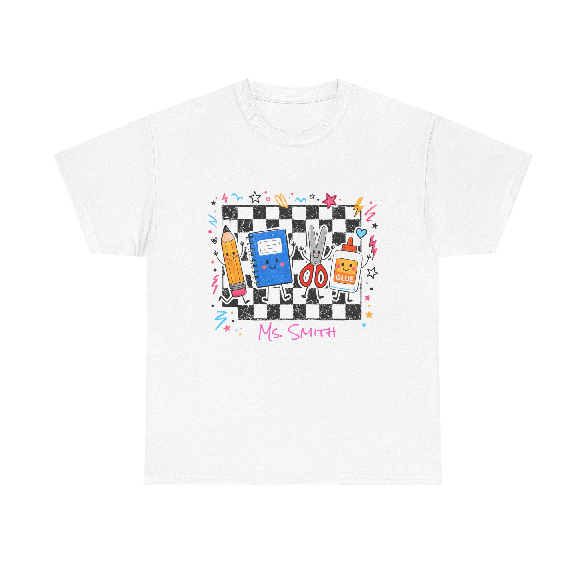 A white short-sleeve crewneck t-shirt featuring a colorful retro-themed graphic on the chest. The graphic depicts a black and white checkerboard background with various school supplies, a blue notebook, a yellow pencil, and the text 'Ms.Smith’
