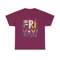Fri-Yay! teacher graphic t-shirt in Berry, featuring colorful school supplies spelling out Fri-Yay with crayons, pencils, rulers, and notebooks

