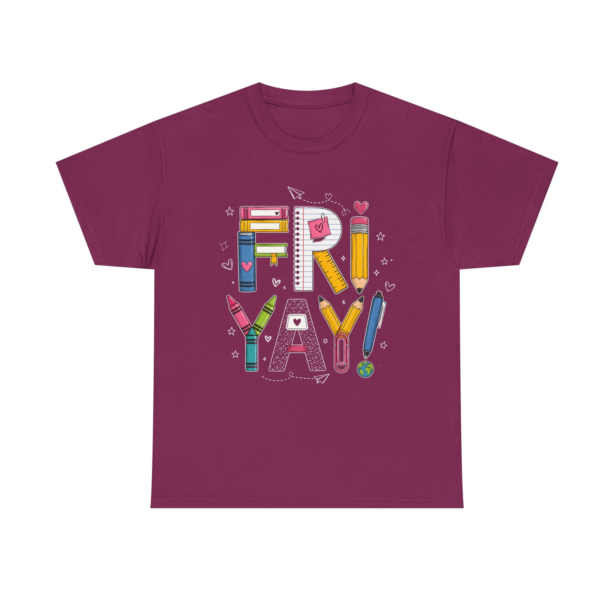 Fri-Yay! teacher graphic t-shirt in Berry, featuring colorful school supplies spelling out Fri-Yay with crayons, pencils, rulers, and notebooks

