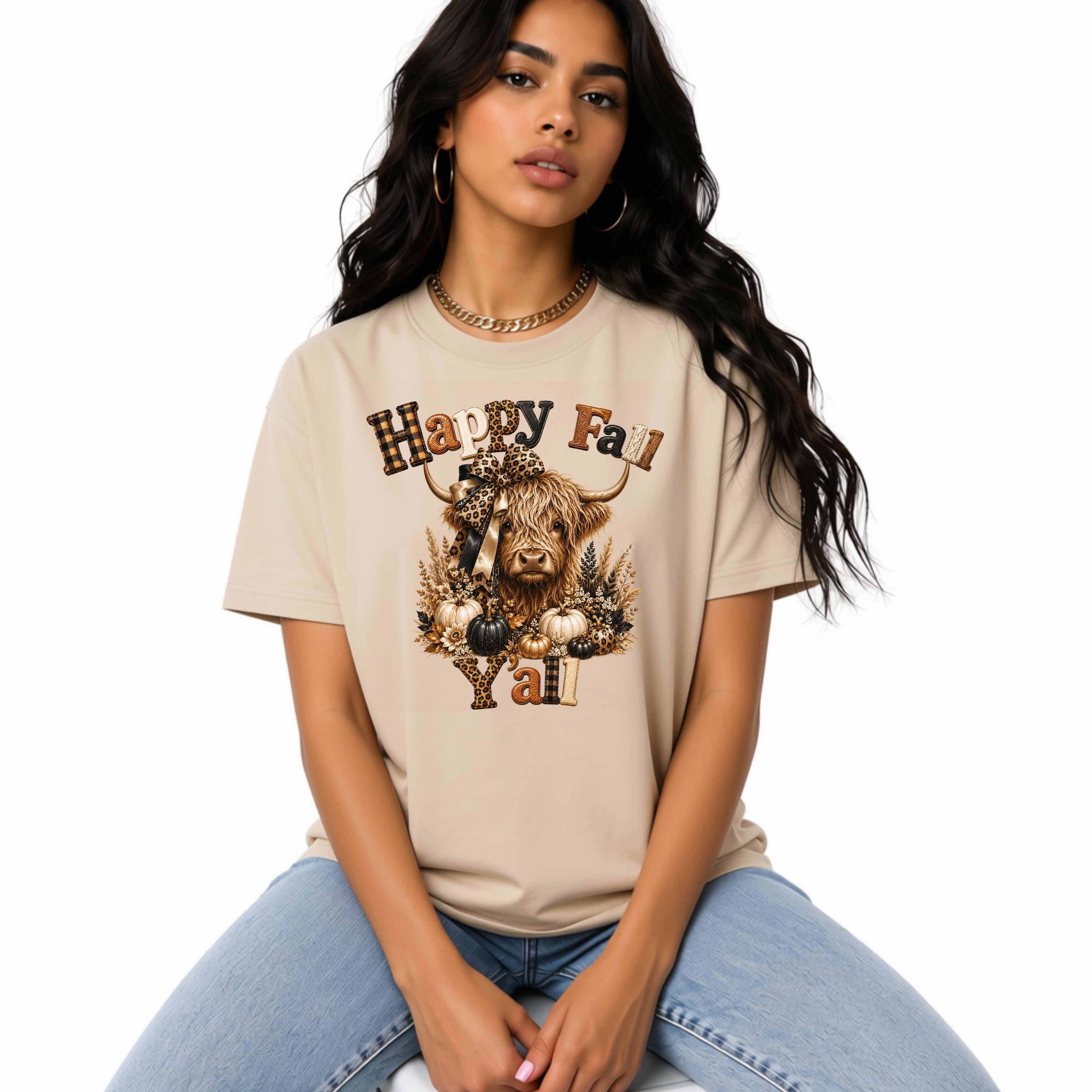 Happy Fall Y’all T-Shirt — Rustic Highland Cow Autumn Tee