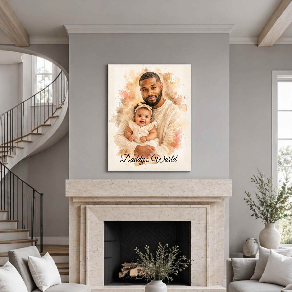 A custom watercolor canvas print of a father and child with the text 'Daddy's World' displayed on a gray wall above a stone fireplace in a modern living room setting.