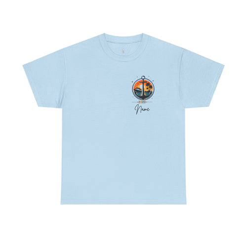Light blue t-shirt with a graphic design on a white background