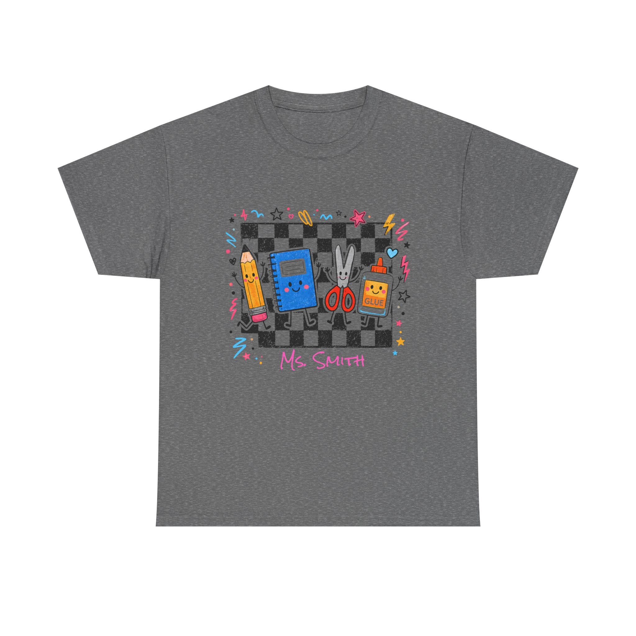 A tweed short-sleeve crewneck t-shirt featuring a colorful retro-themed graphic on the chest. The graphic depicts a black and white checkerboard background with various school supplies, a blue notebook, a yellow pencil, and the text 'Ms.Smith’