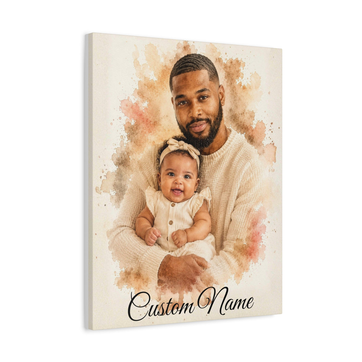 A vertical canvas wall art print featuring a watercolor-style portrait of a man holding a baby, with the text 'Custom Name' at the bottom, shown against a plain white background.