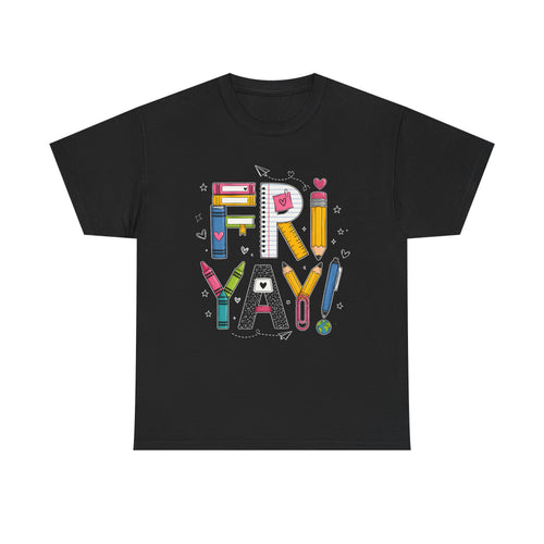 Fri-Yay! teacher graphic t-shirt in Black, featuring bright school supplies lettering with crayons, pencils, rulers, and paper clips

