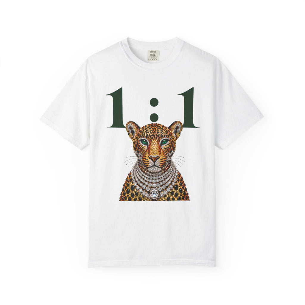 A white short-sleeve crewneck t-shirt featuring a graphic print of a leopard wearing a diamond necklace, with the text '1:1' in dark green above it, displayed on a clean white background.