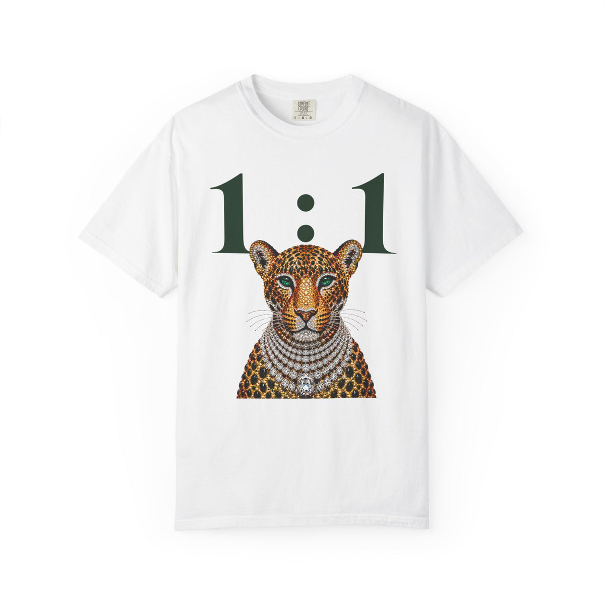 A white short-sleeve crewneck t-shirt featuring a graphic print of a leopard wearing a diamond necklace, with the text '1:1' in dark green above it, displayed on a clean white background.