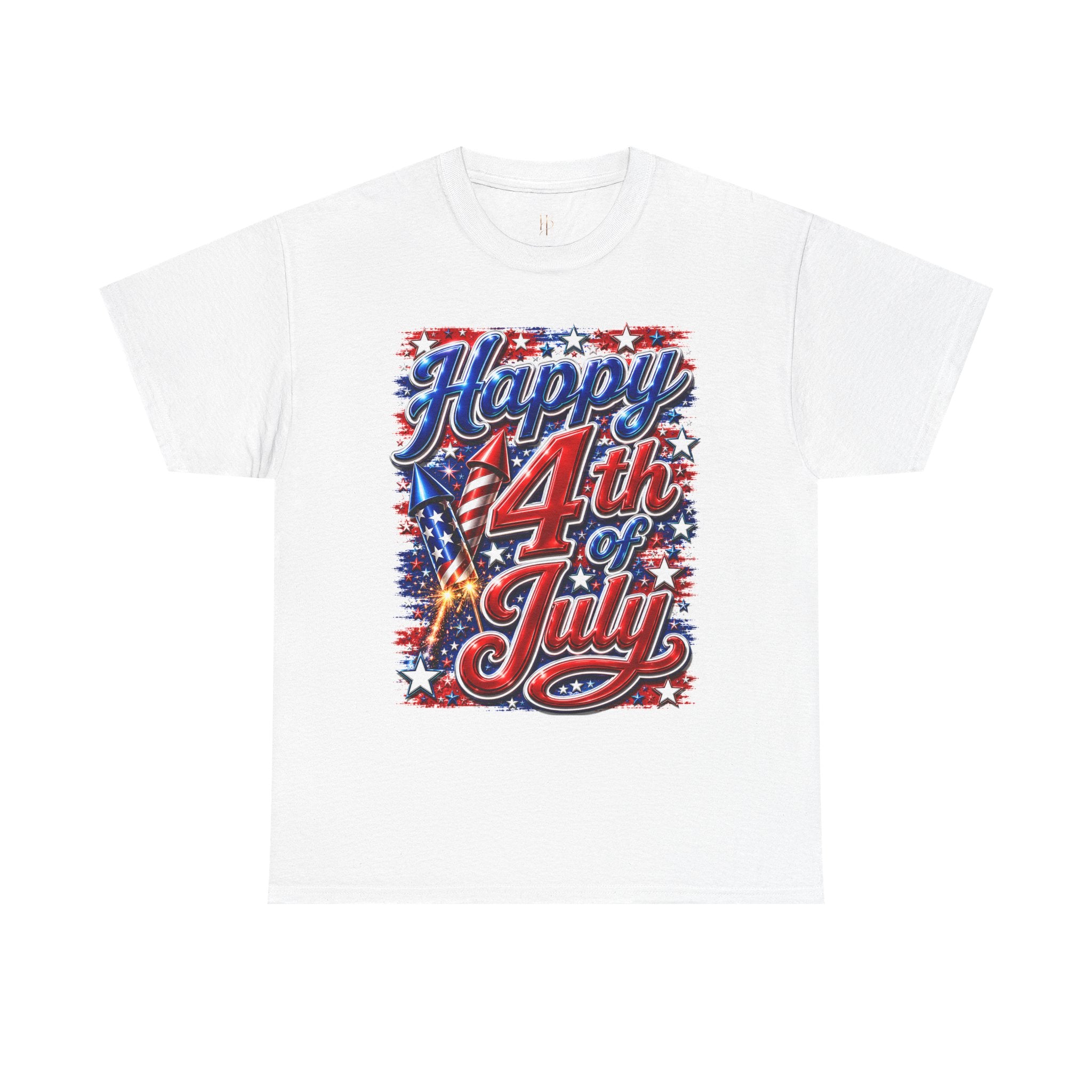 White t-shirt with 'Happy 4th of July' graphic design on a white background