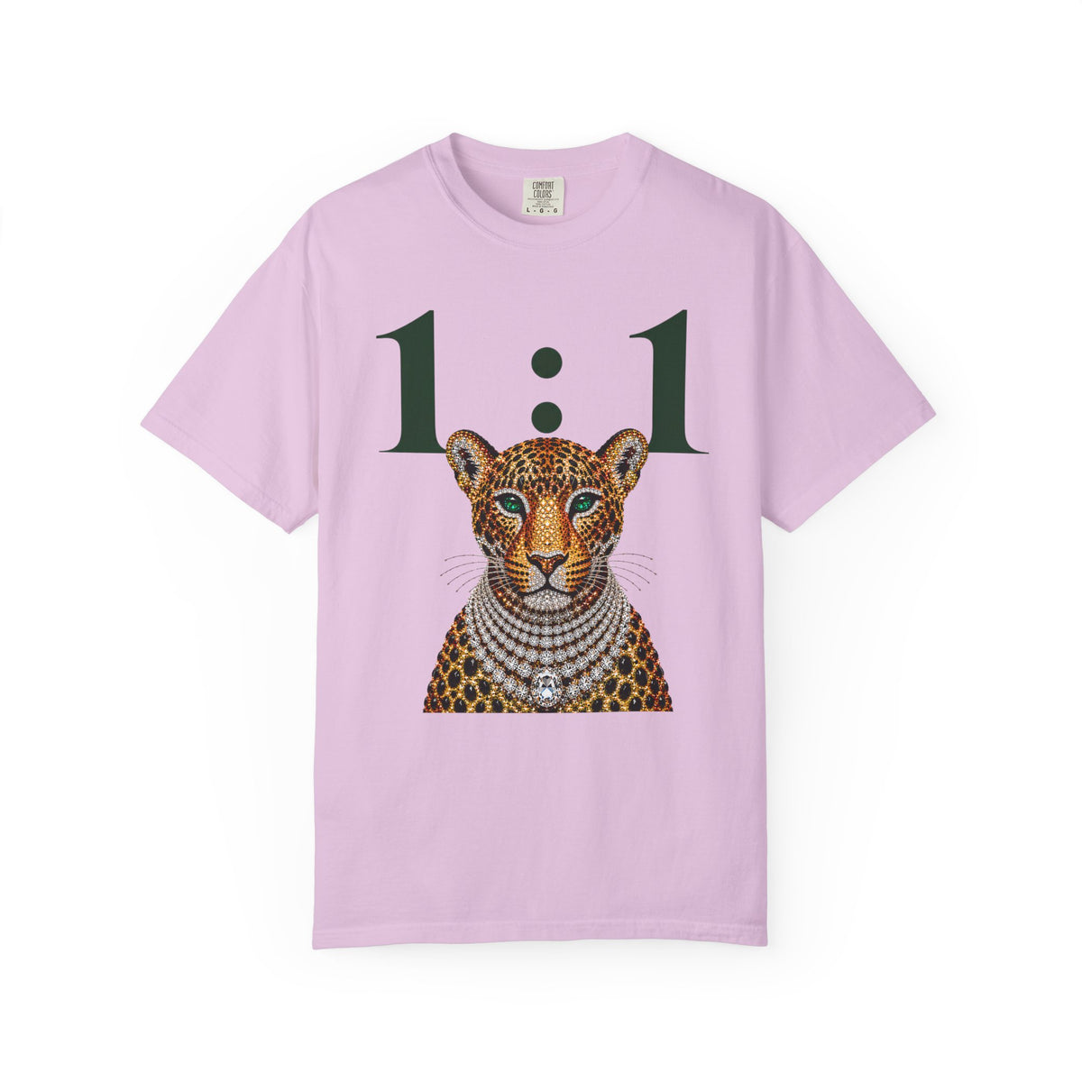 A light purple short-sleeve t-shirt with a graphic of a leopard wearing a diamond necklace under the text '1:1'.