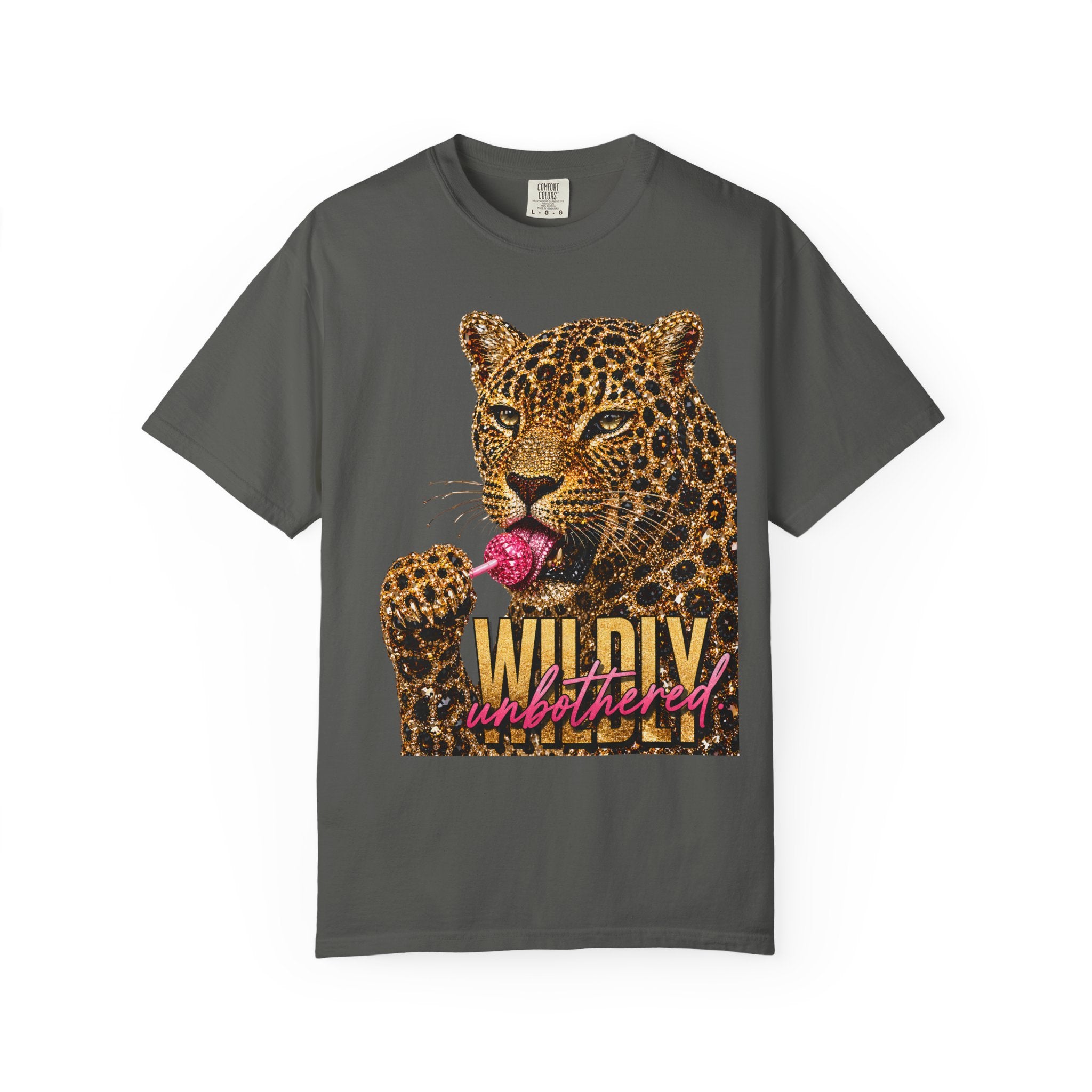 A dark gray, pepper crewneck t-shirt featuring a graphic print of a leopard with a pink lollipop and the text 'WILDLY unbothered' in gold and pink lettering.