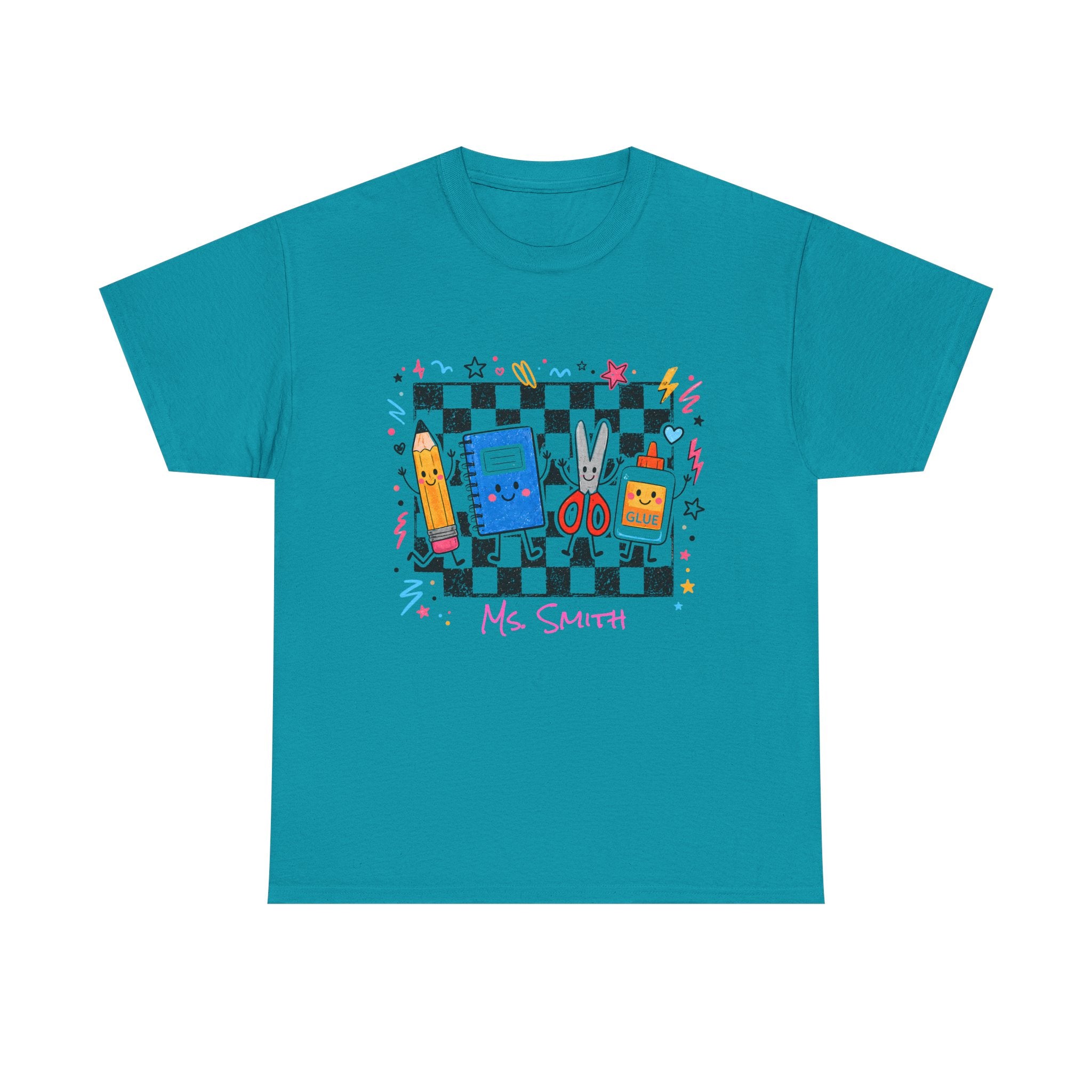 A Tropical blue short-sleeve crewneck t-shirt featuring a colorful retro-themed graphic on the chest. The graphic depicts a black and white checkerboard background with various school supplies, a blue notebook, a yellow pencil, and the text 'Ms.Smith’
