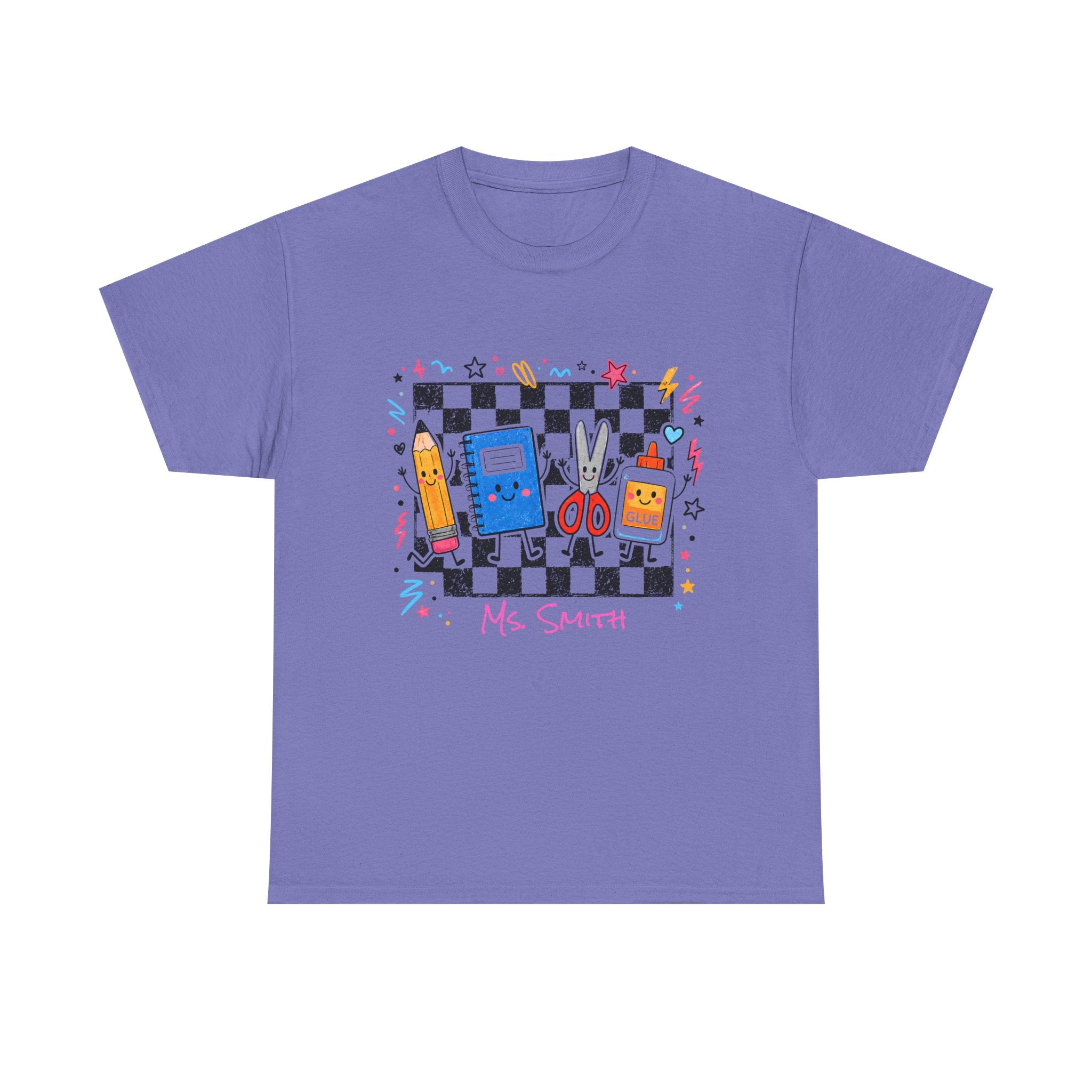 A violet short-sleeve crewneck t-shirt featuring a colorful retro-themed graphic on the chest. The graphic depicts a black and white checkerboard background with various school supplies, a blue notebook, a yellow pencil, and the text 'Ms.Smith’