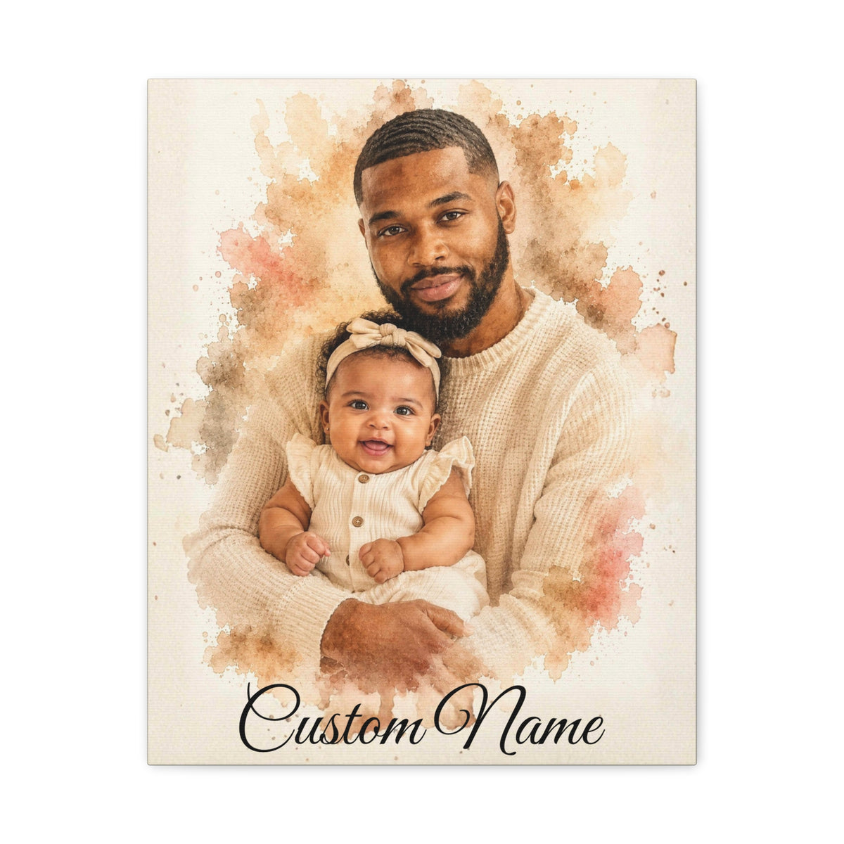 A custom portrait canvas print featuring a watercolor-style depiction of a man holding a baby, with the text 'Custom Name' at the bottom, shown against a plain white background.