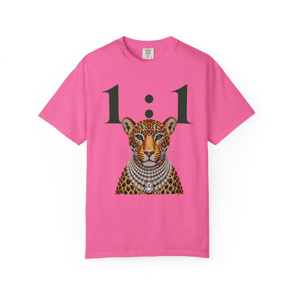 A bright pink short-sleeve t-shirt with a graphic print of a leopard wearing a diamond necklace under the text '1:1'.