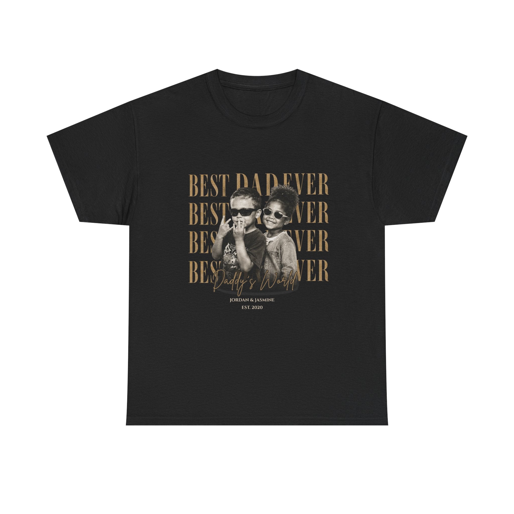 Black t-shirt with a printed design of children with 'Best Dad Ever' text on a black background