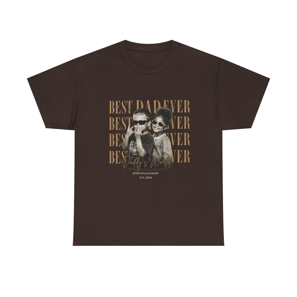 Brown t-shirt with a graphic of two people and text 'Best Dad Ever' on a brown background
