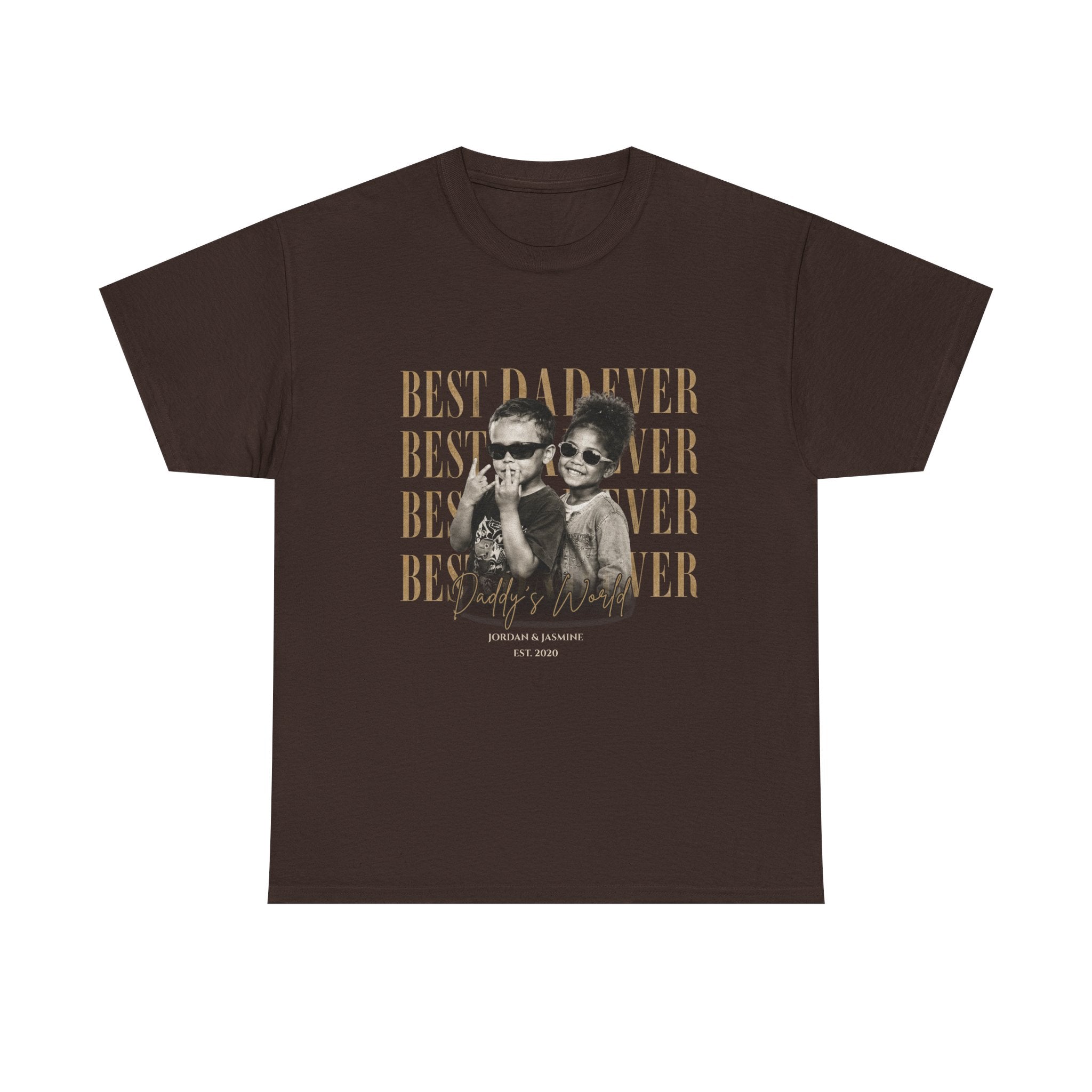 Brown t-shirt with a graphic of two people and text 'Best Dad Ever' on a brown background