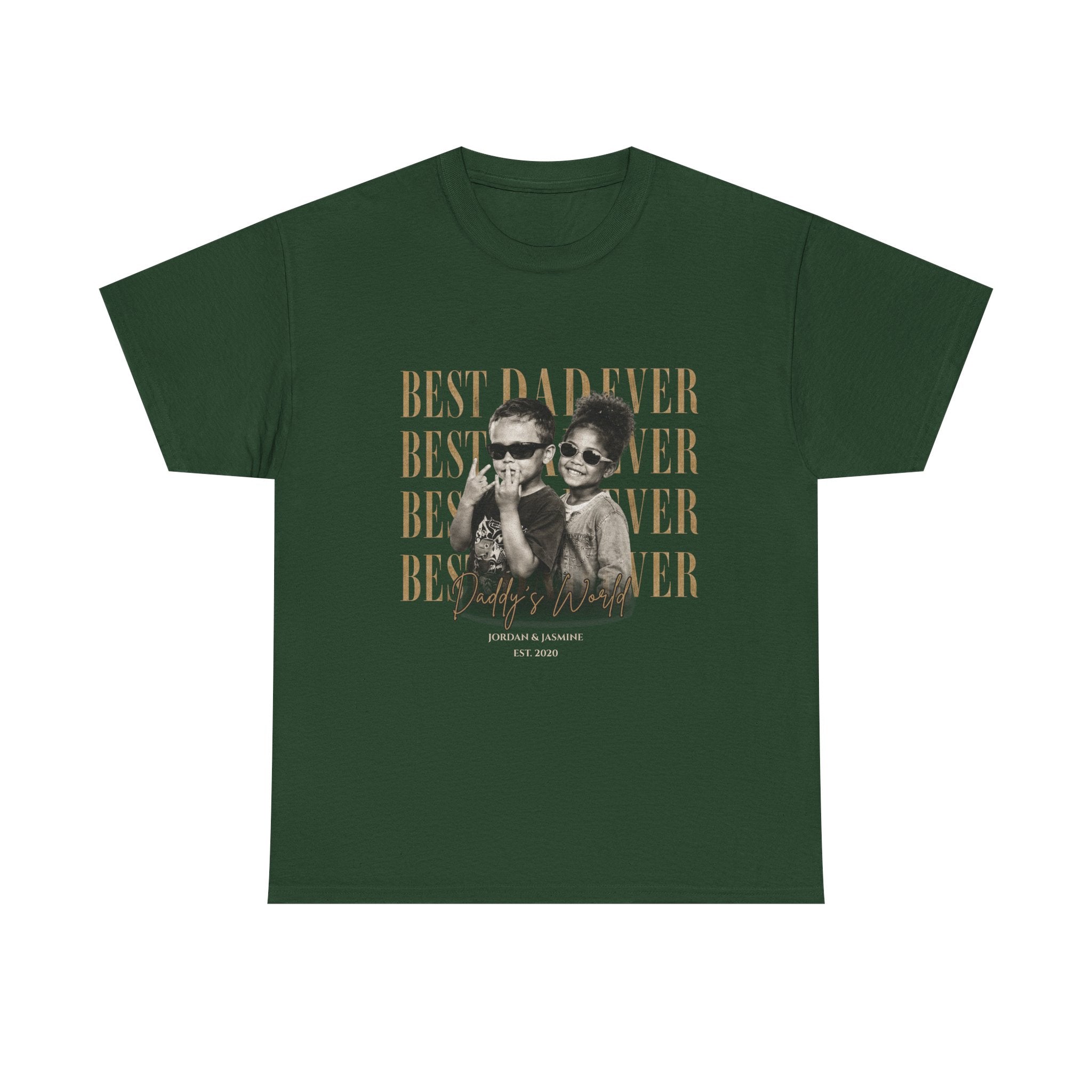 Green t-shirt with a graphic of two people and text 'Best Dad Ever' on a green background