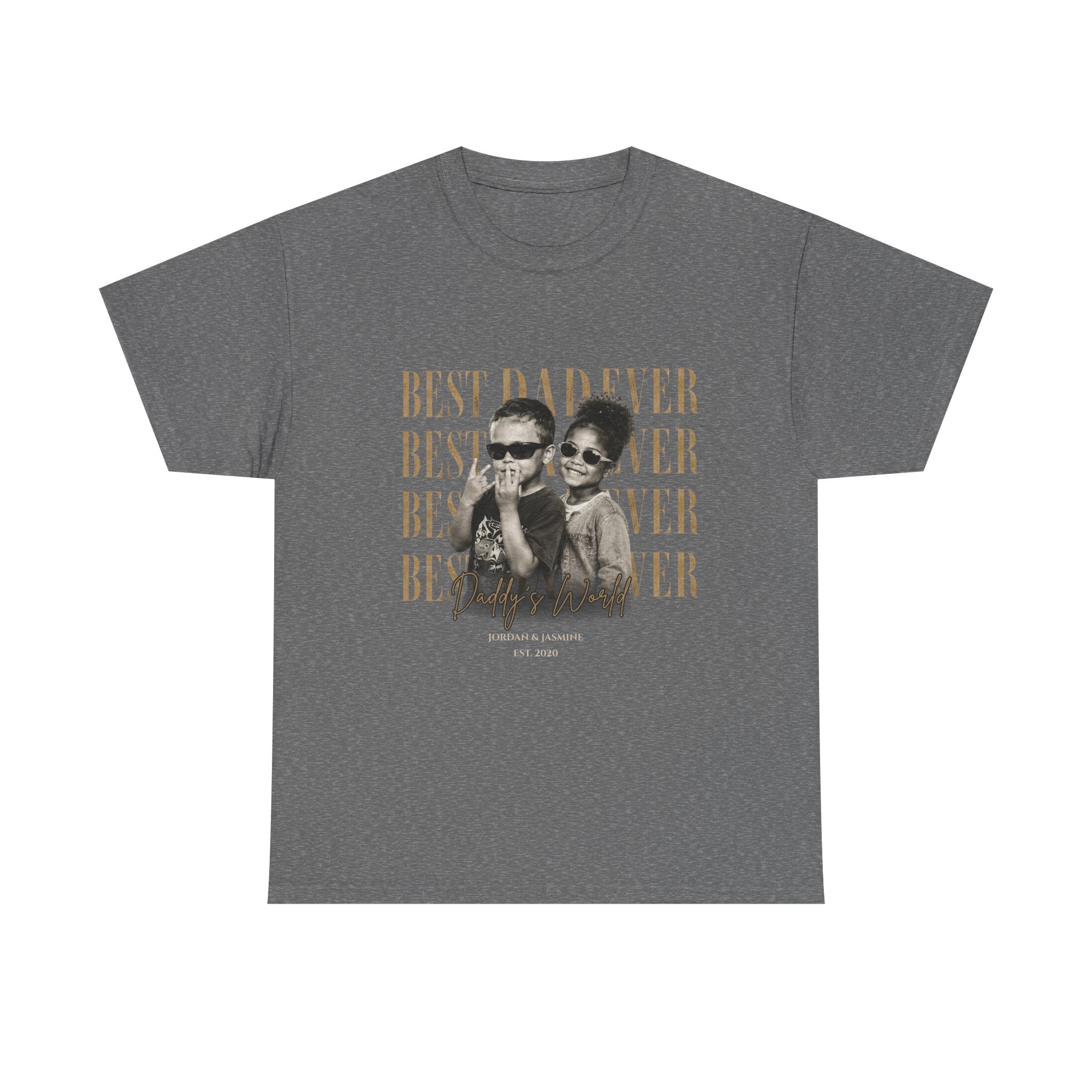 Gray t-shirt with a printed design of two people and 'Best Dad Ever' text on a grey background