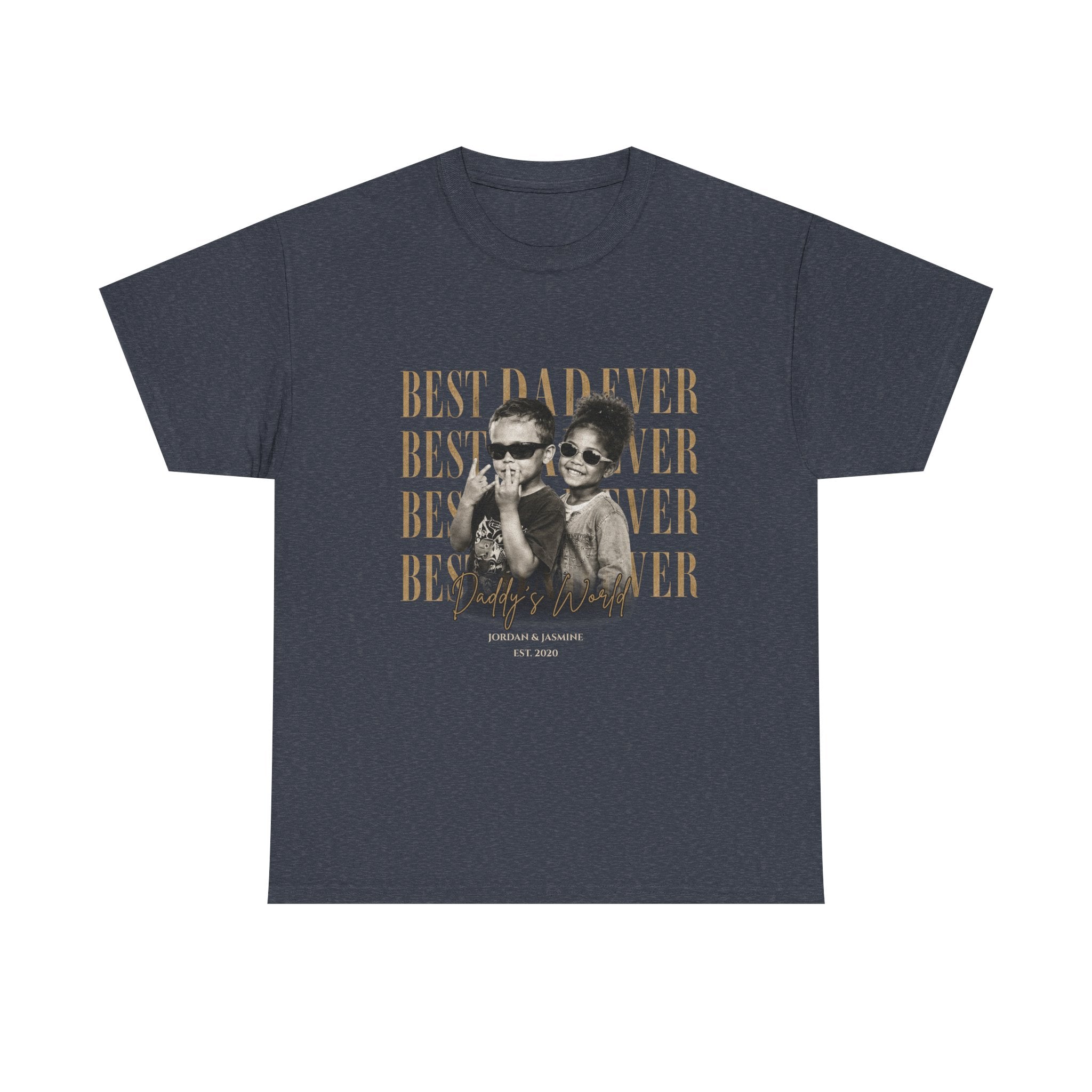 Navy t-shirt with a graphic of two people and 'Best Dad Ever' text on a navy blue background