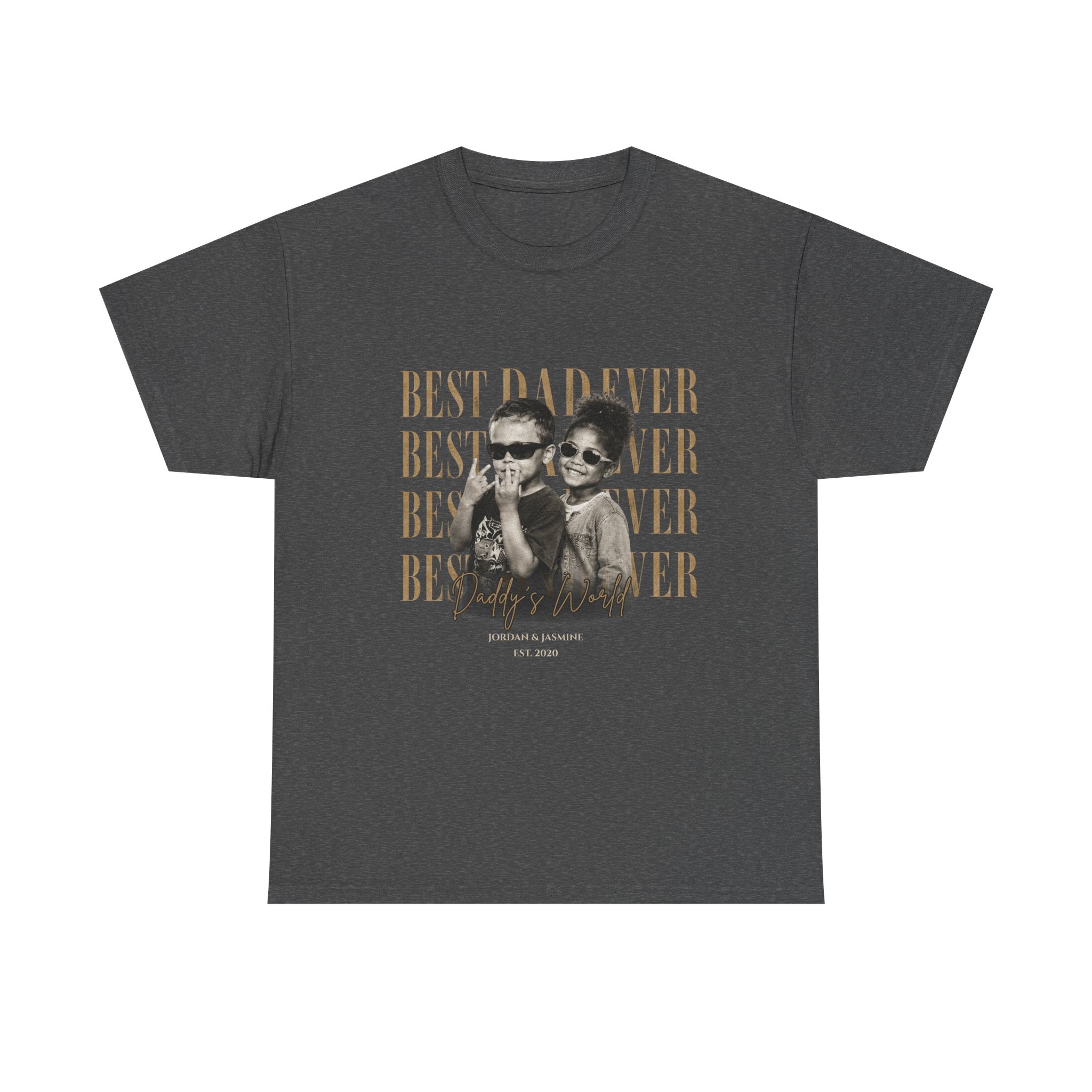 Dark gray t-shirt with a printed design of two people and 'Best Dad Ever' text on a dark grey background