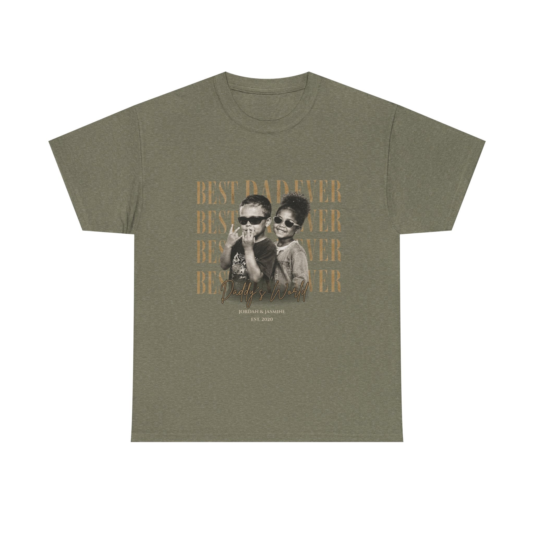 Heather Military Green shirt with two children “Best Dad Ever” 