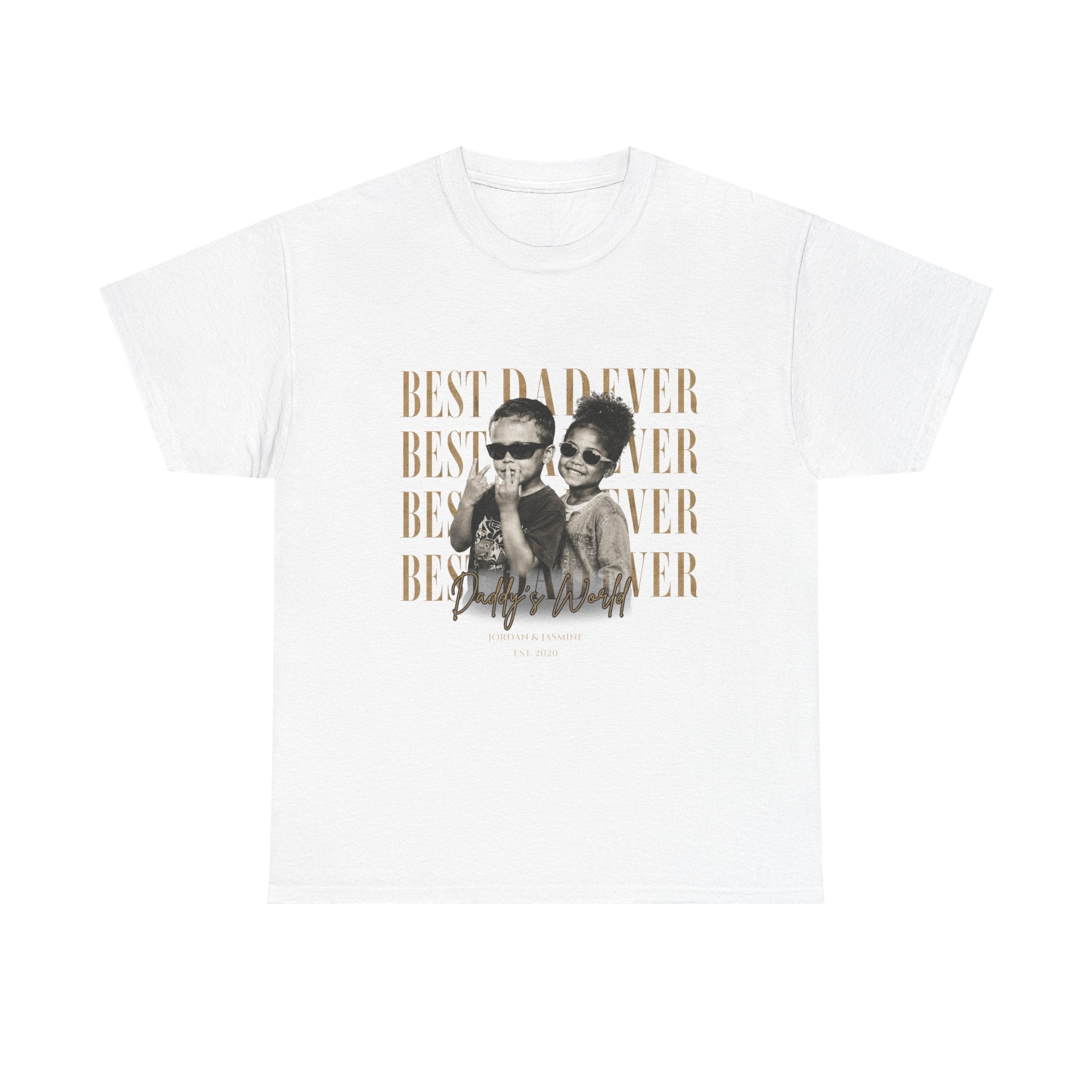 White t-shirt with a printed design of two children and 'Best Dad Ever' text on a white background
