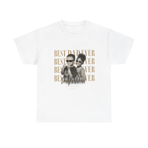 White t-shirt with a printed design of two children and 'Best Dad Ever' text on a white background