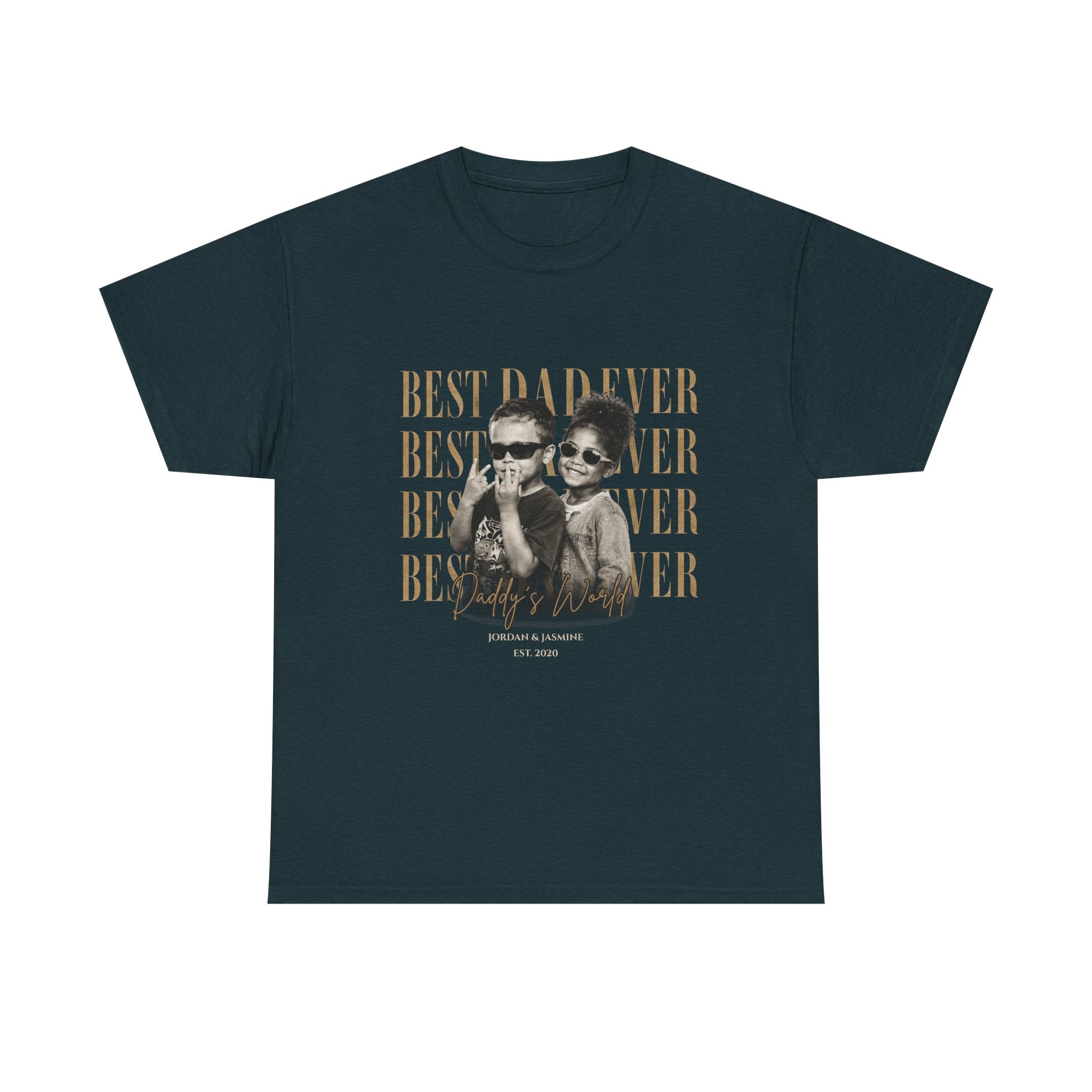 Midnight blue t-shirt with a graphic of two people and text 'Best Dad Ever' on a midnight blue background