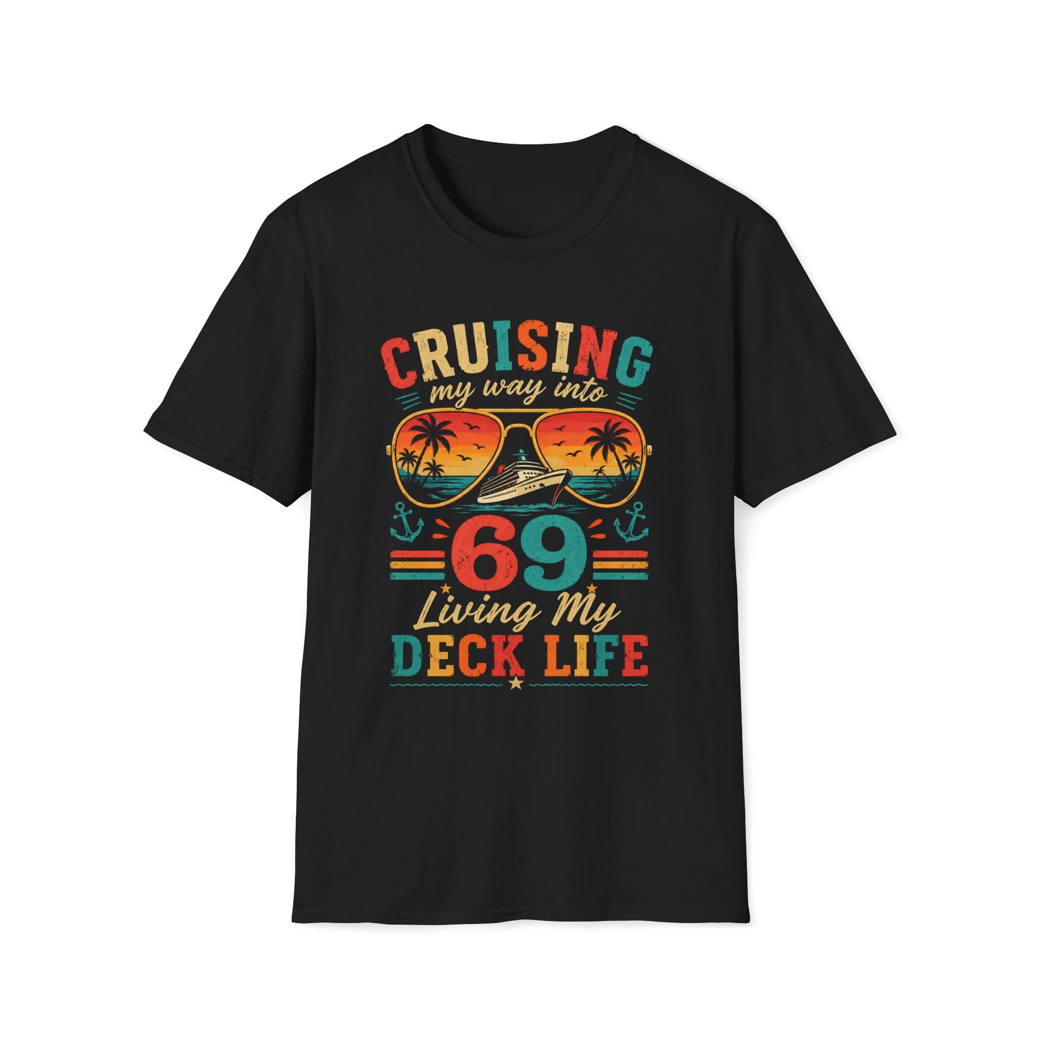 Black t-shirt with colorful text “Cruising my way into (your age) living my deck life” and graphics on a white background