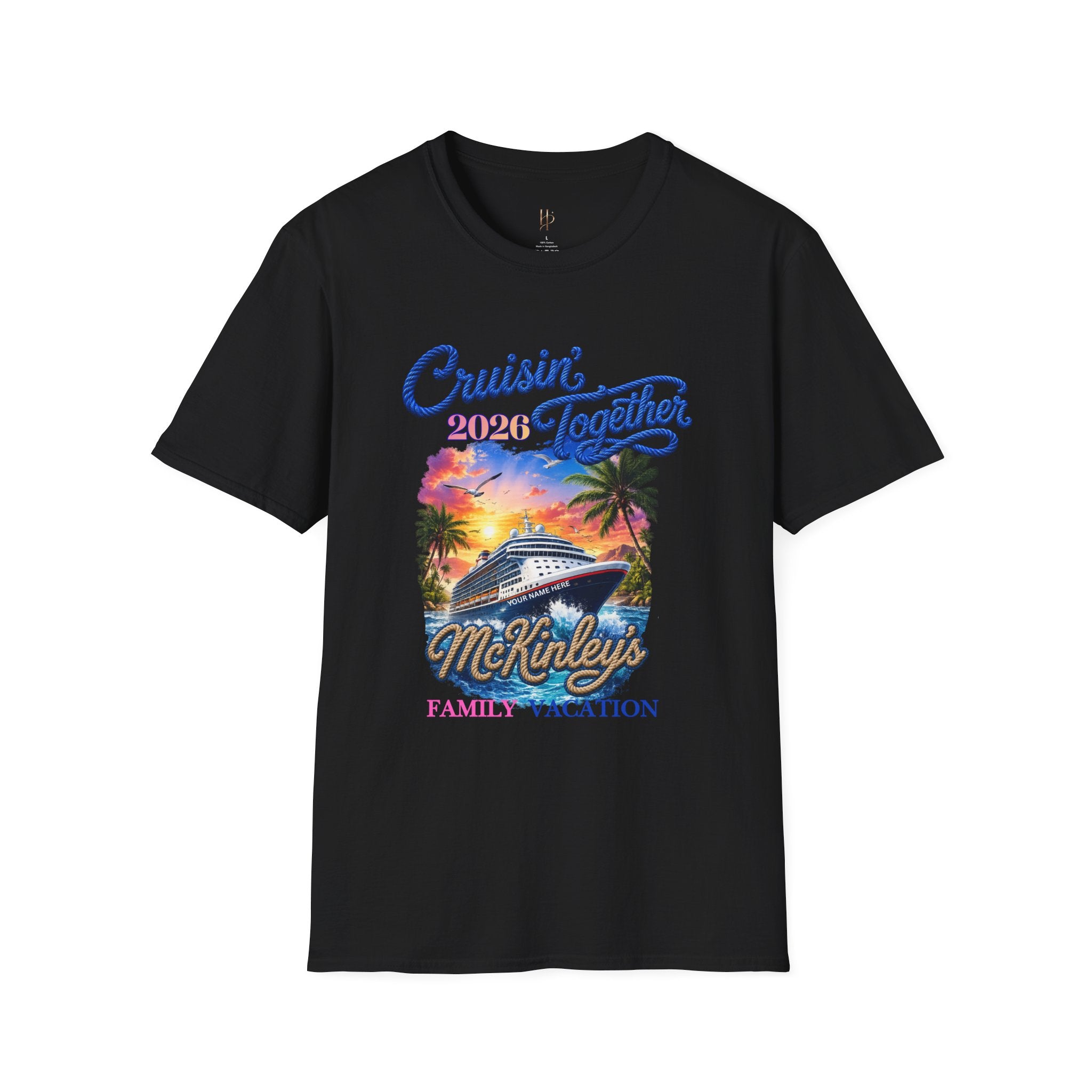 Black 'Cruisin' Together 2023 McKinley's Family Vacation' t-shirt on a white background.