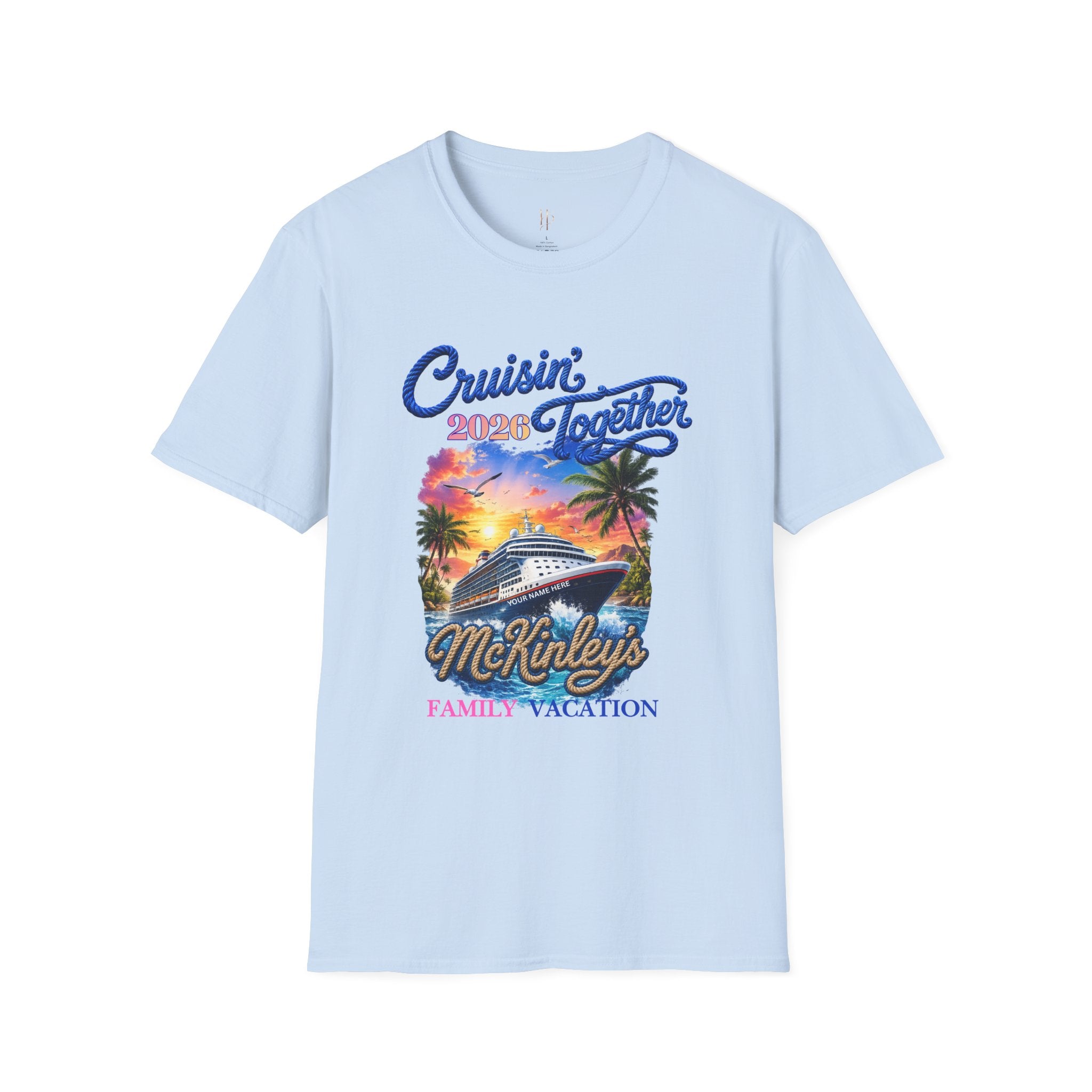 Blue 'Cruisin' Together 2023 McKinley's Family Vacation' t-shirt on a white background.