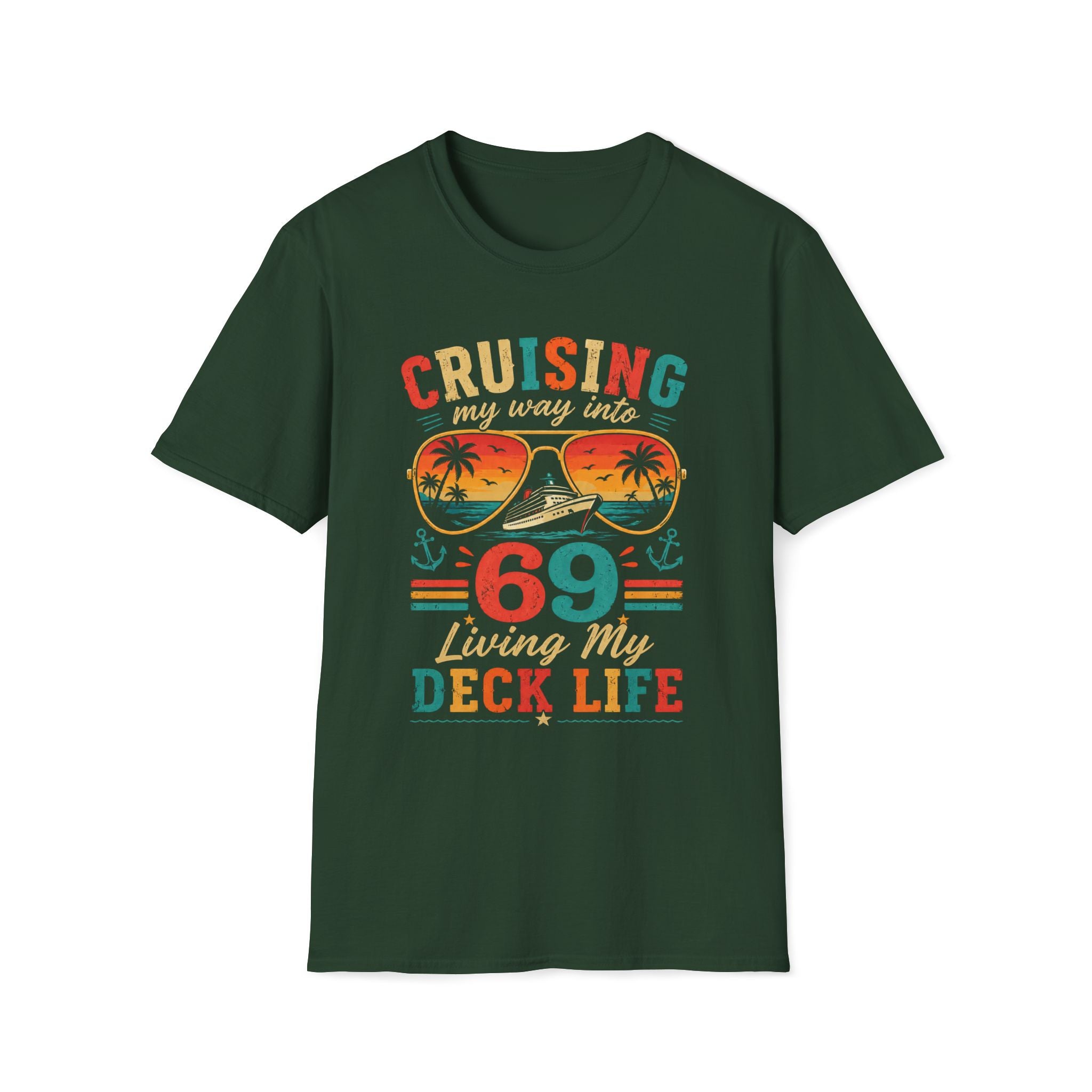 Green t-shirt with colorful text “Cruising my way into (your age) living my deck life” and graphics on a white background