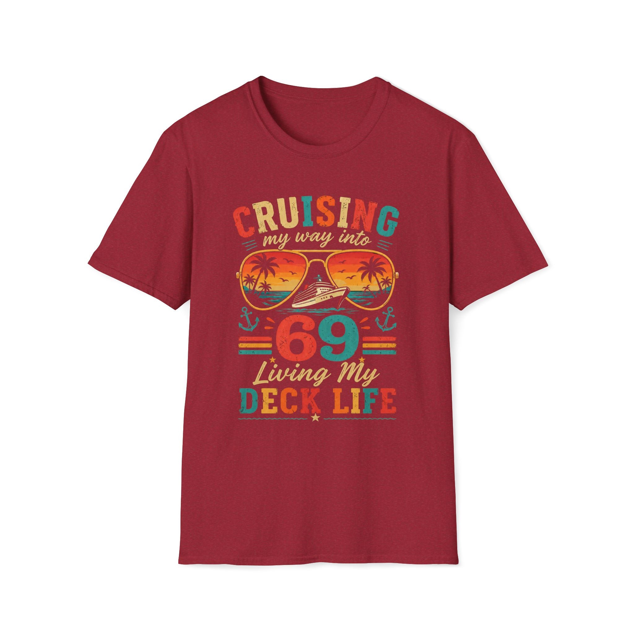 Maroon t-shirt with colorful text “Cruising my way into (your age) living my deck life” and graphics on a white background