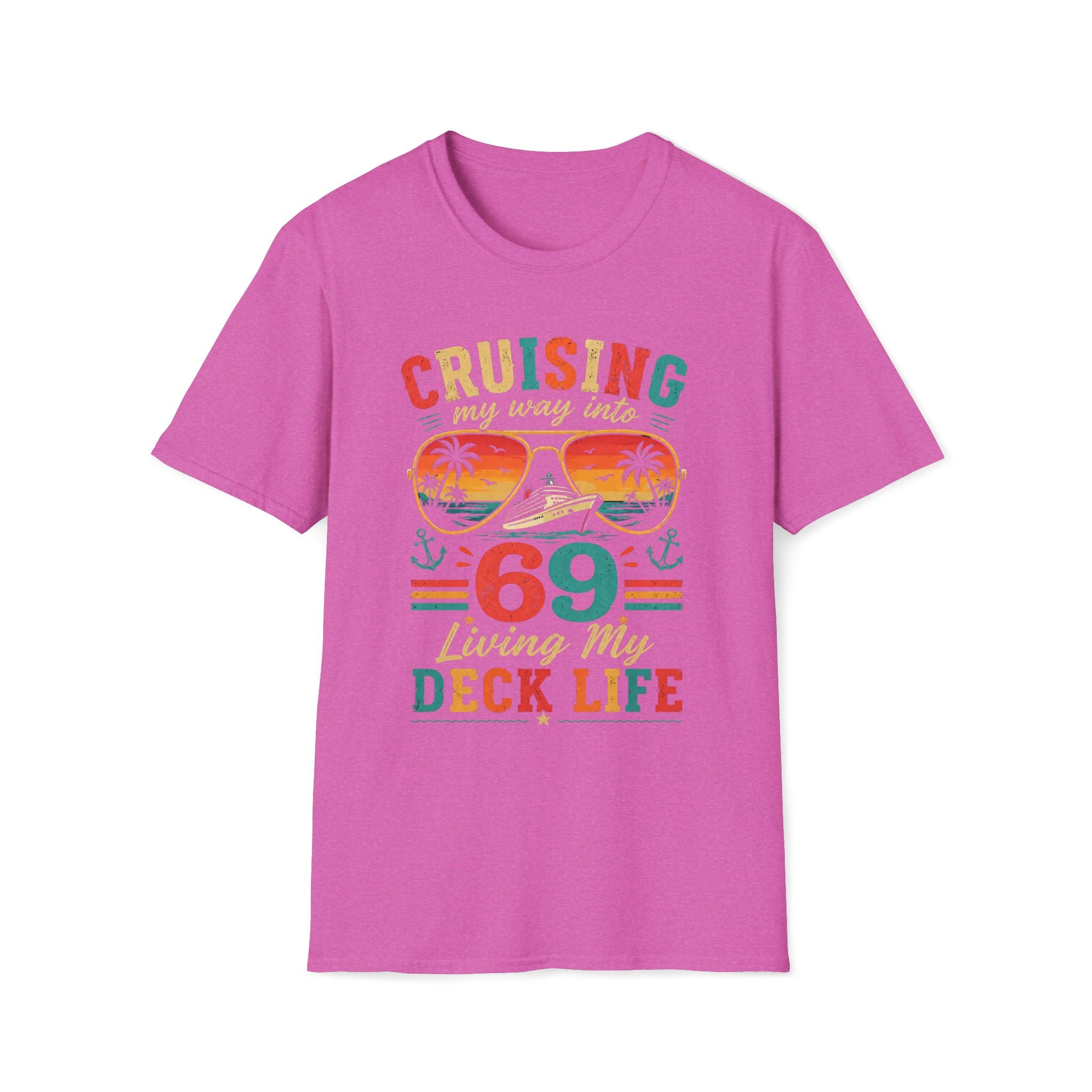 Pink t-shirt with colorful text “Cruising my way into (your age) living my deck life” and graphics on a white background