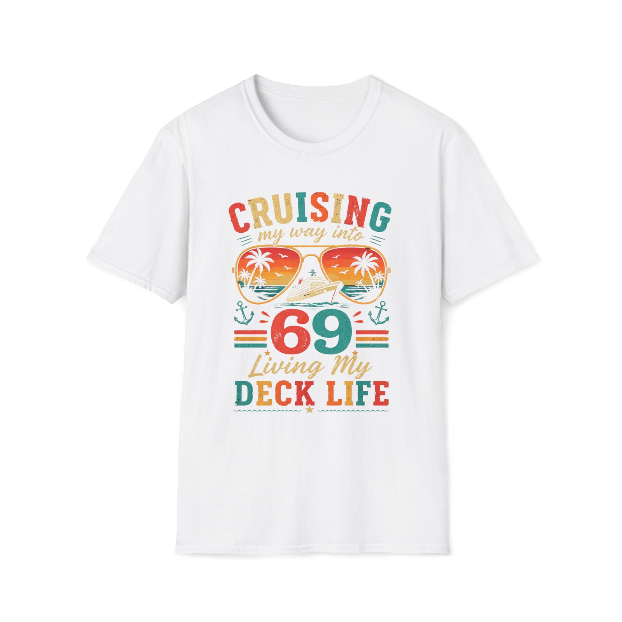 White t-shirt with colorful text “Cruising my way into (your age) living my deck life” and graphics on a white background