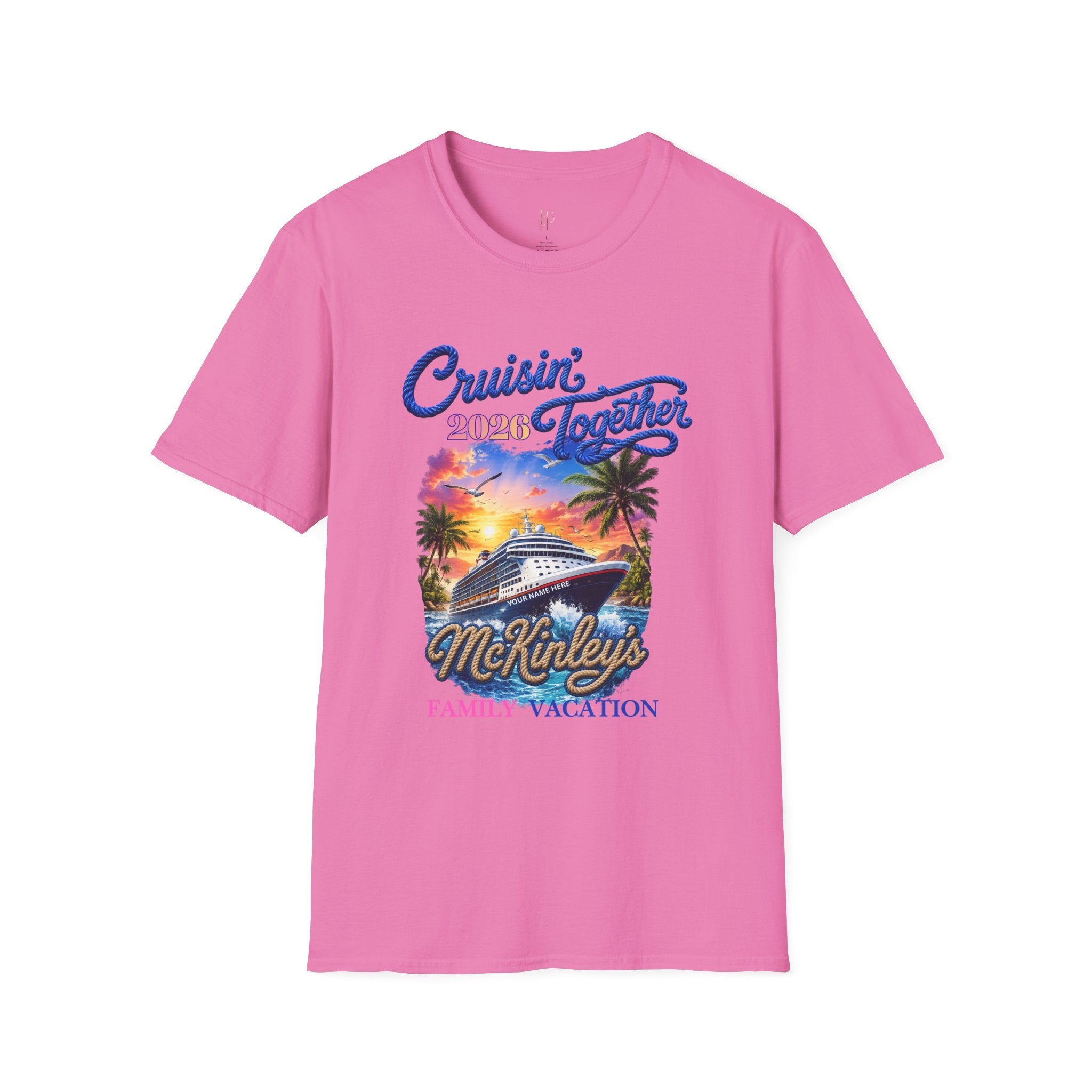Pink 'Cruisin' Together 2023 McKinley's Family Vacation' t-shirt on a white background.