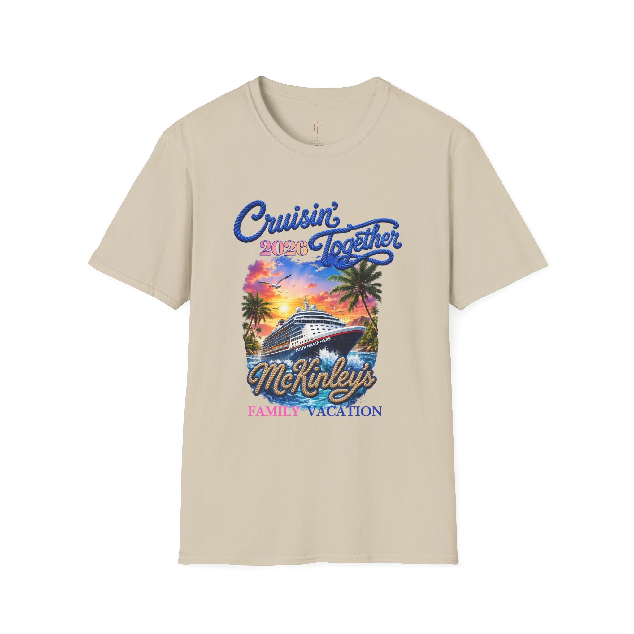 Sand 'Cruisin' Together 2023 McKinley's Family Vacation' t-shirt on a white background.