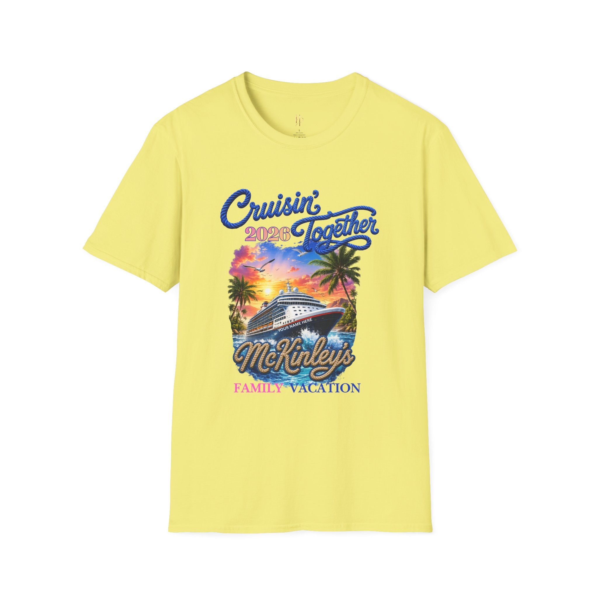Yellow 'Cruisin' Together 2023 McKinley's Family Vacation' t-shirt on a white background.