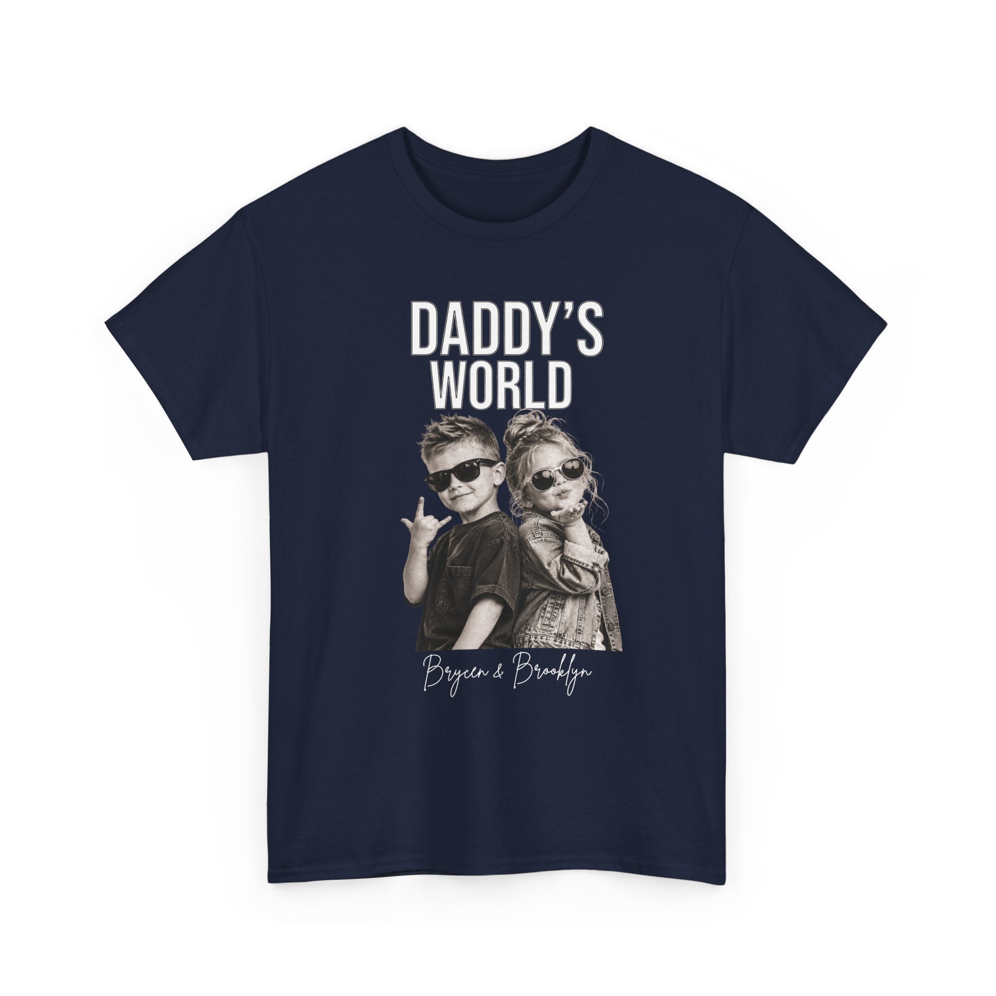 Navy Blue t-shirt with 'Daddy's World' graphic with pictures of 2 children for personalization