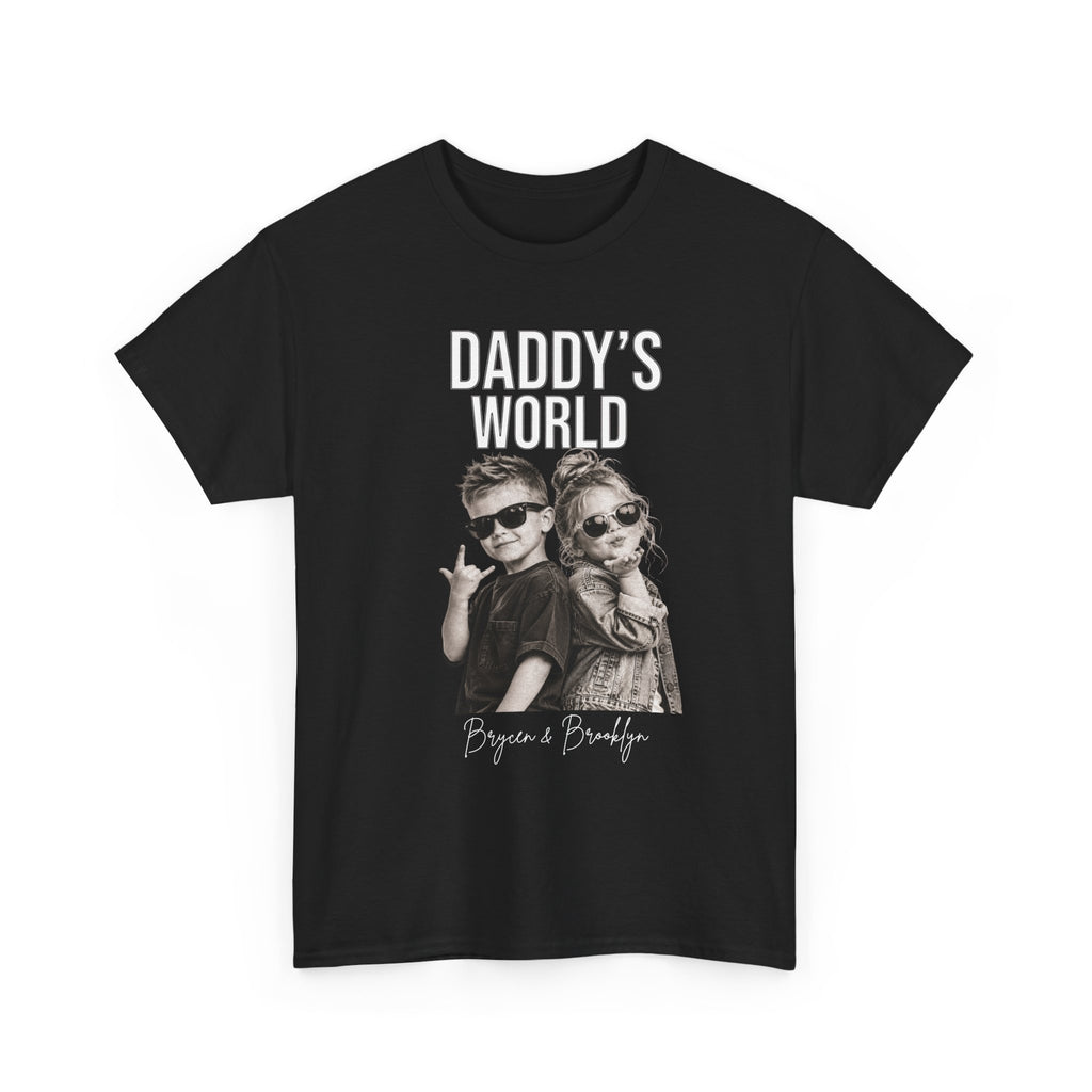 Black t-shirt with 'Daddy's World' graphic with pictures of 2 children for personalization
