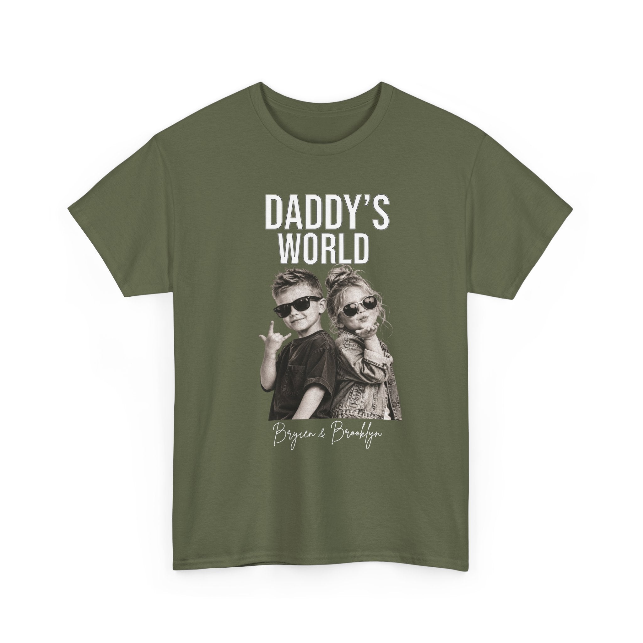 Military Green  t-shirt with 'Daddy's World' graphic with pictures of 2 children for personalization
