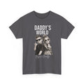 Grey t-shirt with 'Daddy's World' graphic with pictures of 2 children for personalization