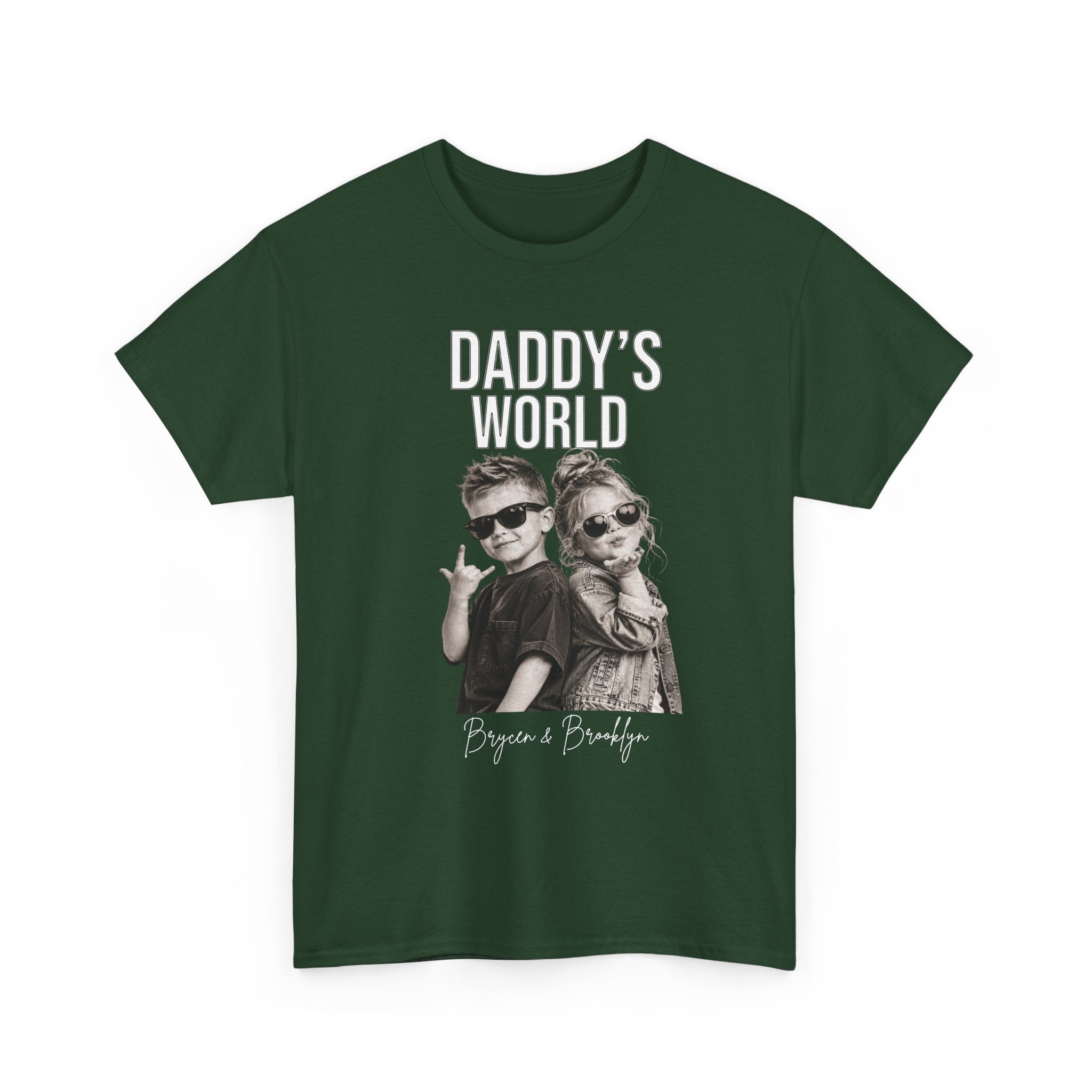 Green t-shirt with 'Daddy's World' graphic with pictures of 2 children for personalization