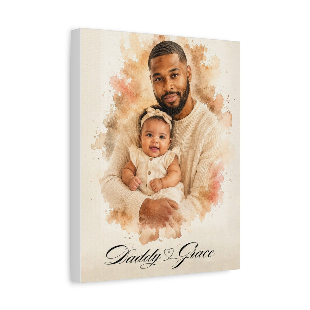 Canvas print of a father and child with 'Daddy with a heart In the middle Grace' text on a watercolor background  
