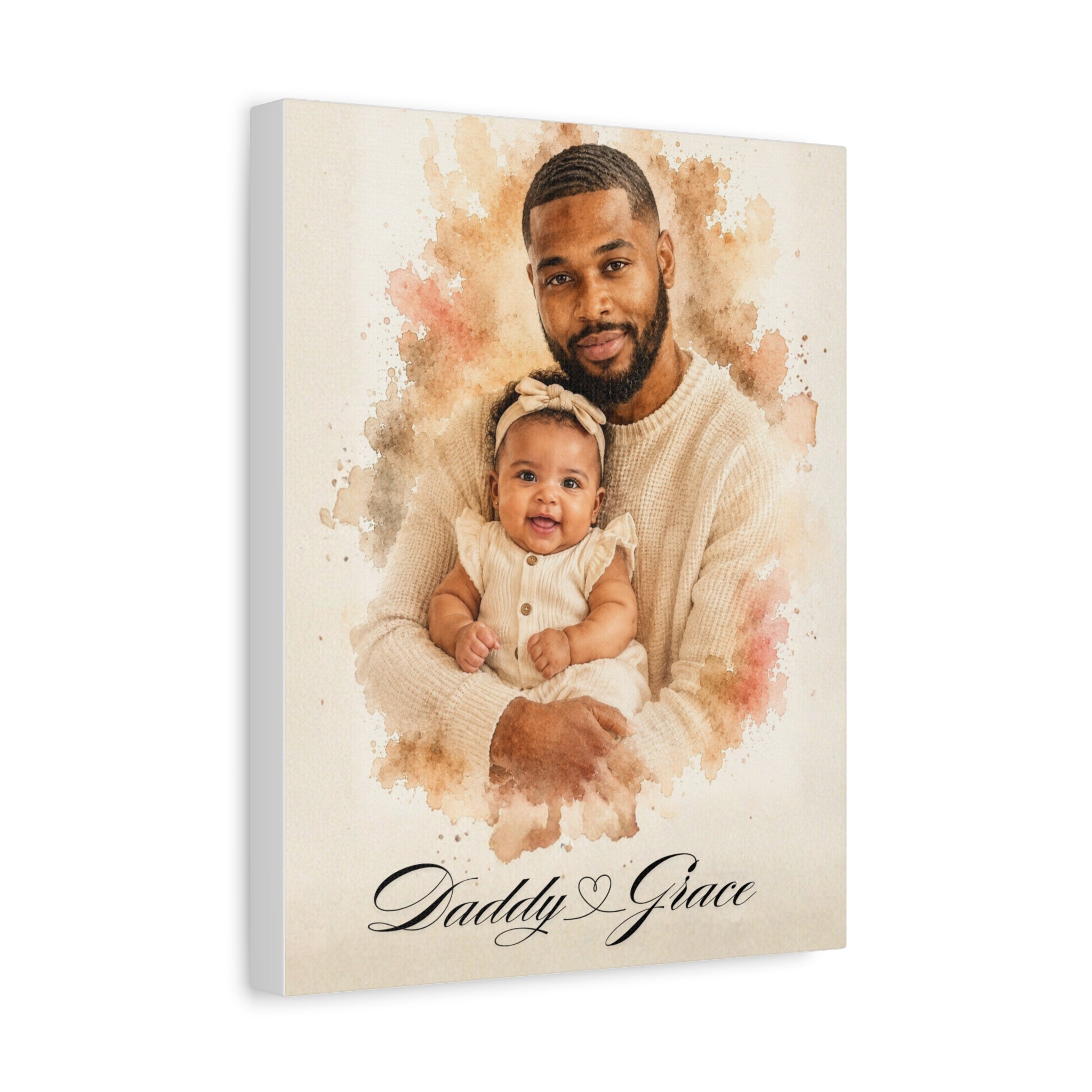 Canvas print of a father and child with 'Daddy with a heart In the middle Grace' text on a watercolor background  